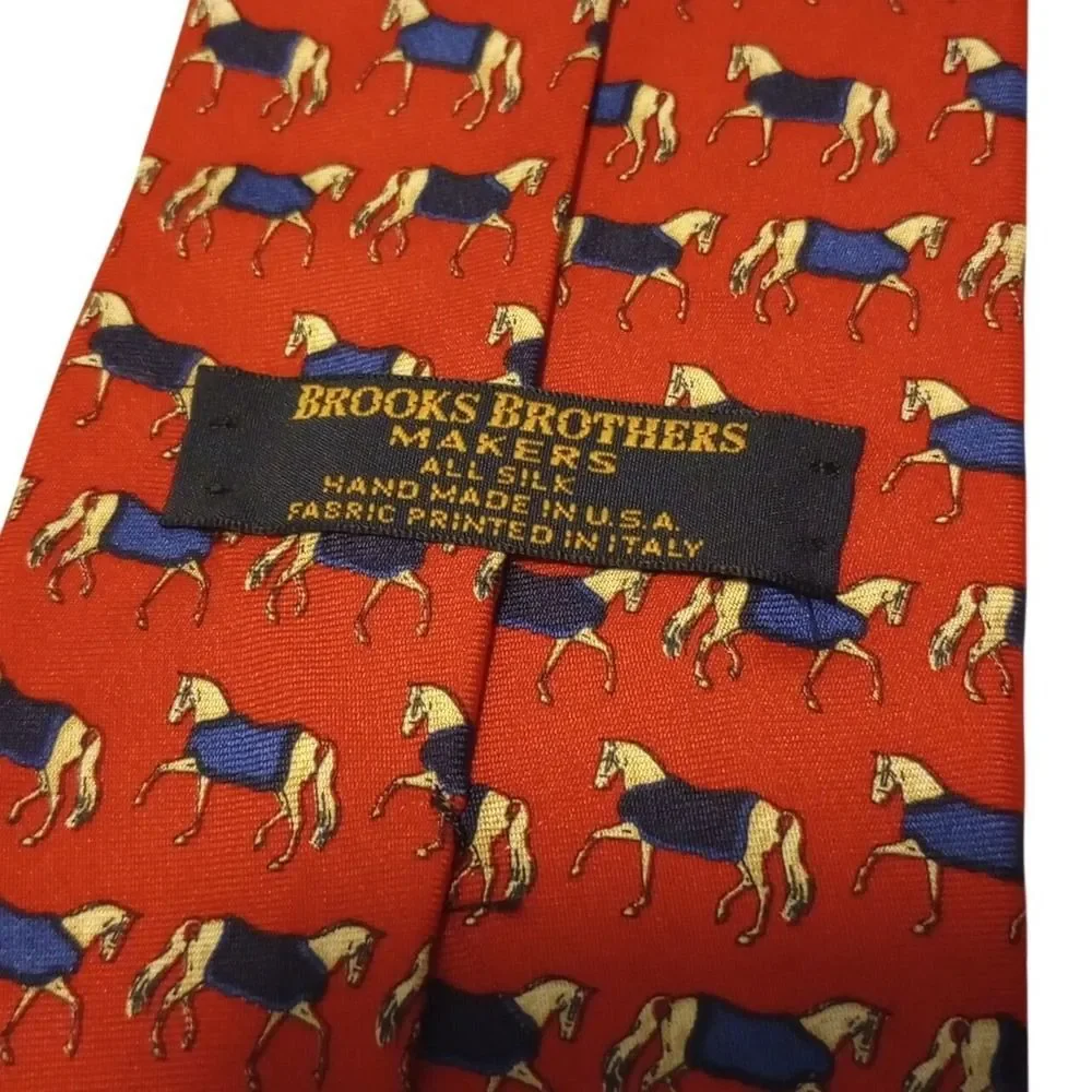 Brooks Brothers Makers Mens Red Silk Equestrian Horse Print Tie Hand Made‎ USA